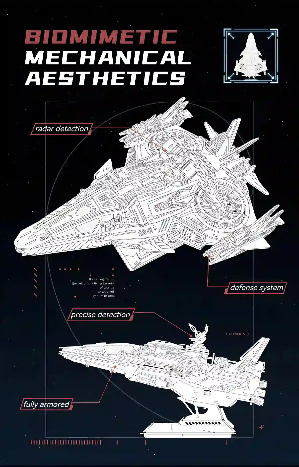 Biomimetic mechanical aesthetics line art diagram of planetary exploration vessel spacecraft model