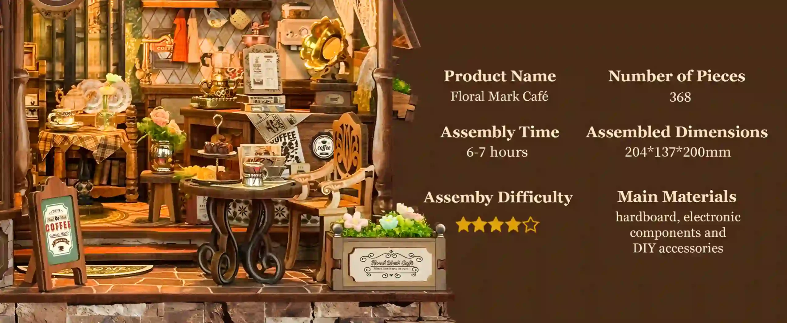 Gothic Café Miniature Scene storefront details with DIY Coffee House Book Nook Kit specifications