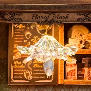 Literary Coffee Corner Miniature glowing crystal lamp and vintage coffee menu chalkboard