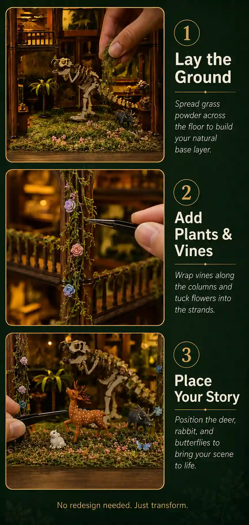 DIY Book Nook Customization tutorial showing 3 steps to apply miniature scene accessories and plants.