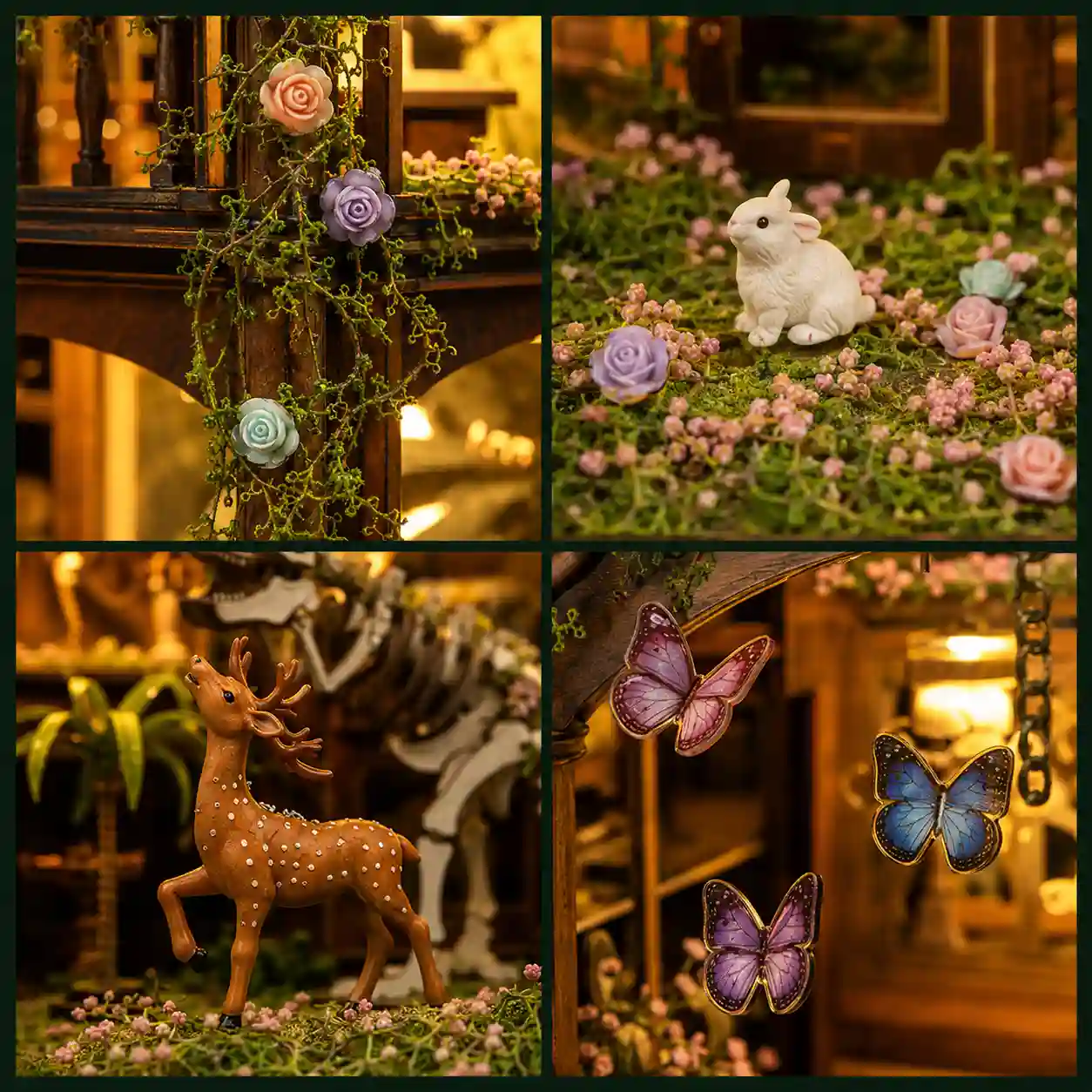 Close-up of woodland miniature decorations including realistic butterflies, colorful rose cabochons, and tiny rabbit.