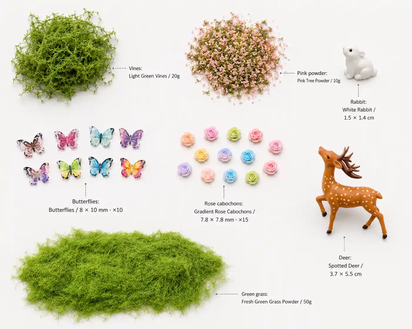 Forest Miniature Kit full contents layout showcasing grass powder, vines, rose cabochons, and animal figurines.