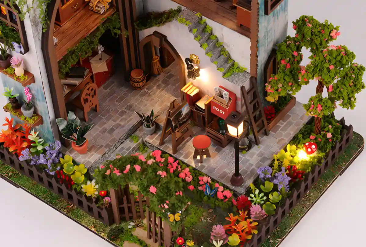 Garden Miniature House top view showing detailed miniature garden scene and painting easel