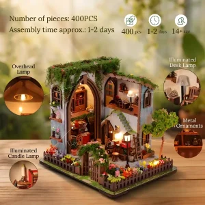 DIY Miniature House Kit infographic detailing 400 pieces and touch light miniature house features