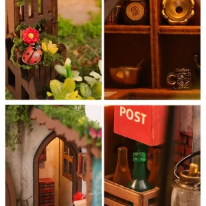 Vintage Miniature House details featuring ladybug, vintage shelves, mini books, and miniature garden decor