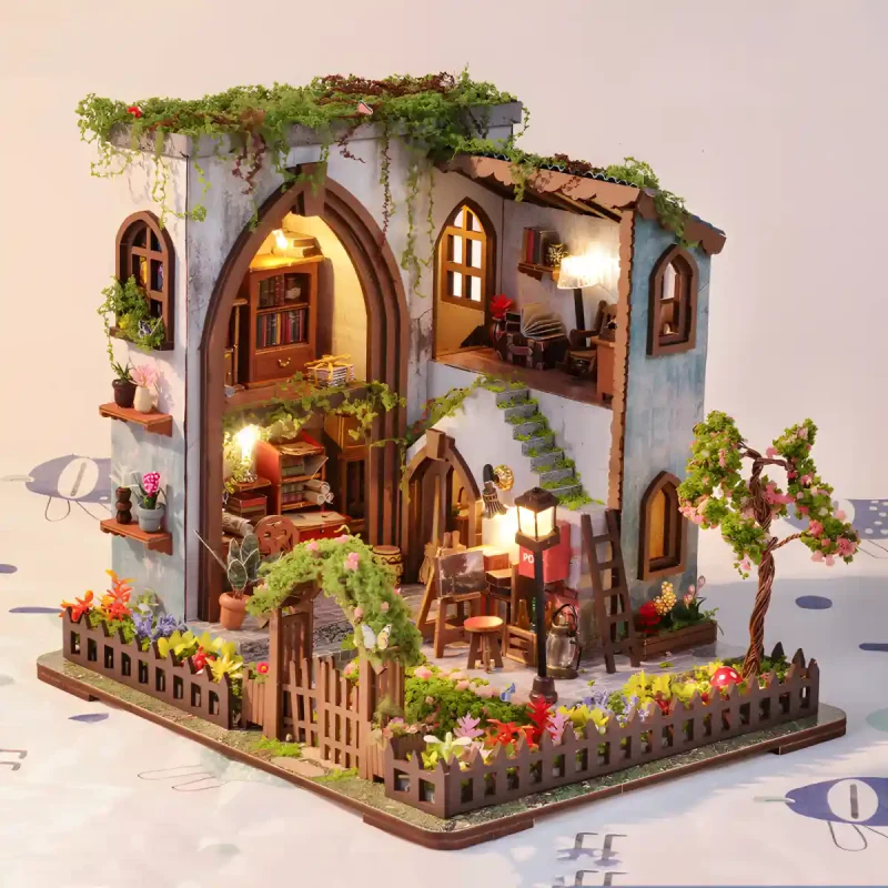 Garden Pavilion Miniature House showcasing an elegant outdoor European garden scene with lights