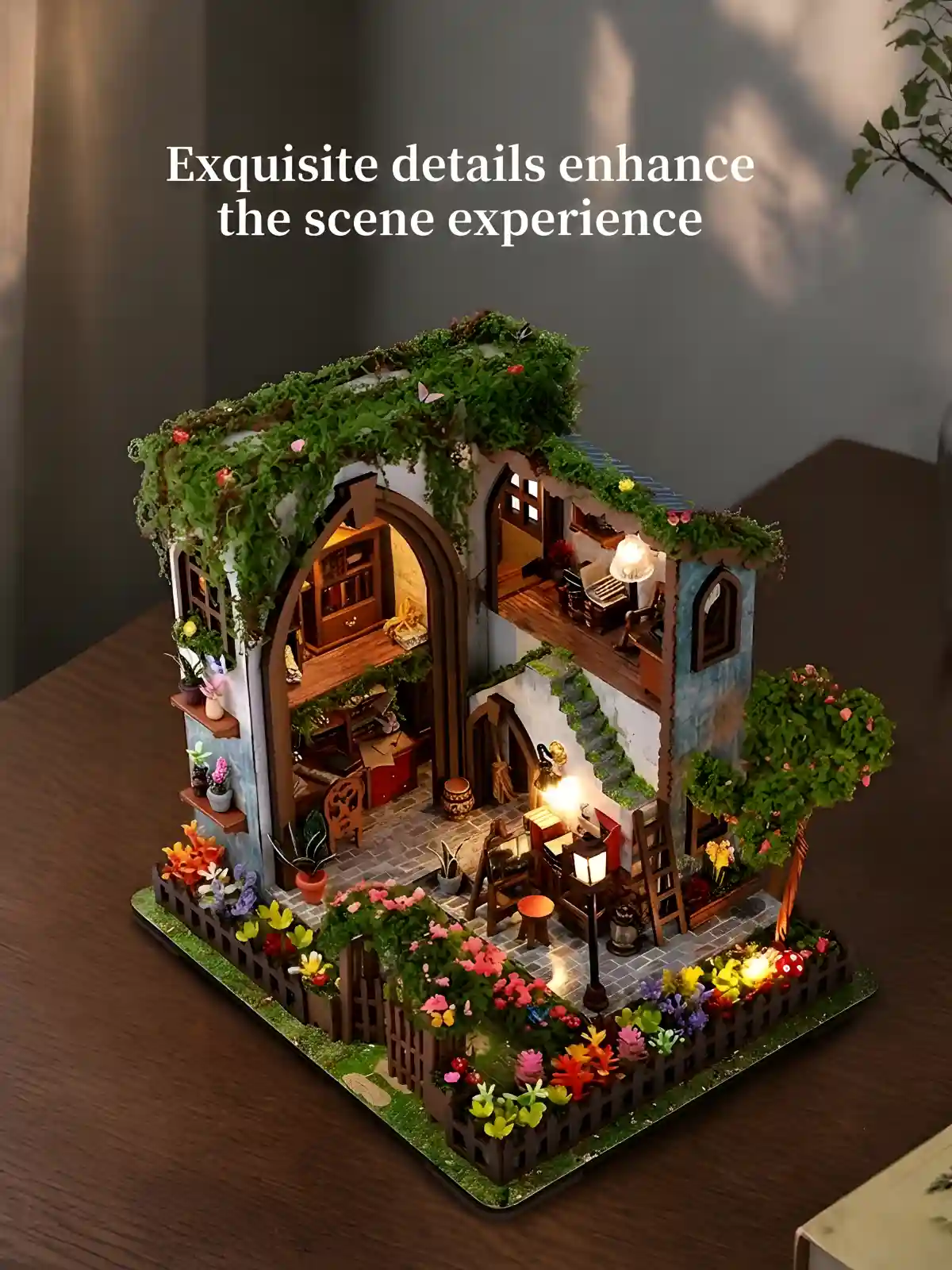 Handmade Miniature House high angle view, beautiful DIY home decor craft with glowing lights