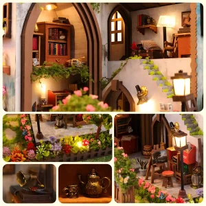 Cozy Dollhouse Kit with beautiful miniature garden scene, vintage rooms, and accessories