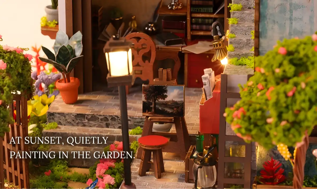 Handmade Miniature House featuring a cozy painting easel corner in a miniature garden