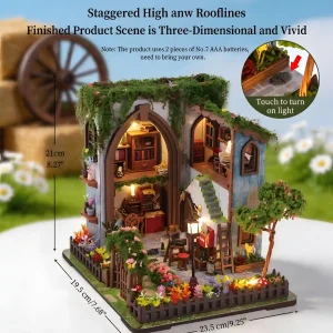 Garden Dollhouse dimensions infographic showing touch light miniature house sensor and size