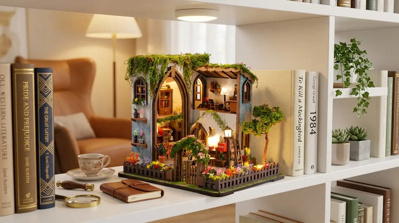 Garden Pavilion Miniature House styled on a bookshelf as cozy DIY home decor craft