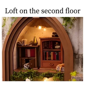 DIY Miniature House Kit attic interior featuring retro bookshelves and warm touch lights