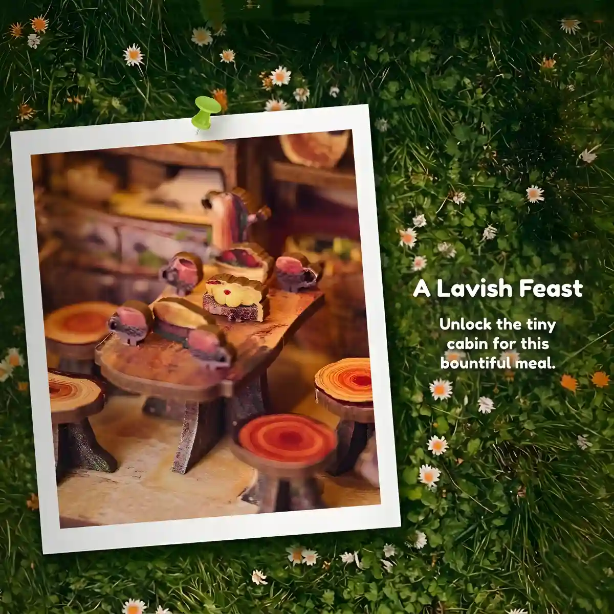 Forest Cottage miniature scene showcasing tiny log table and feast for fairytale book nook