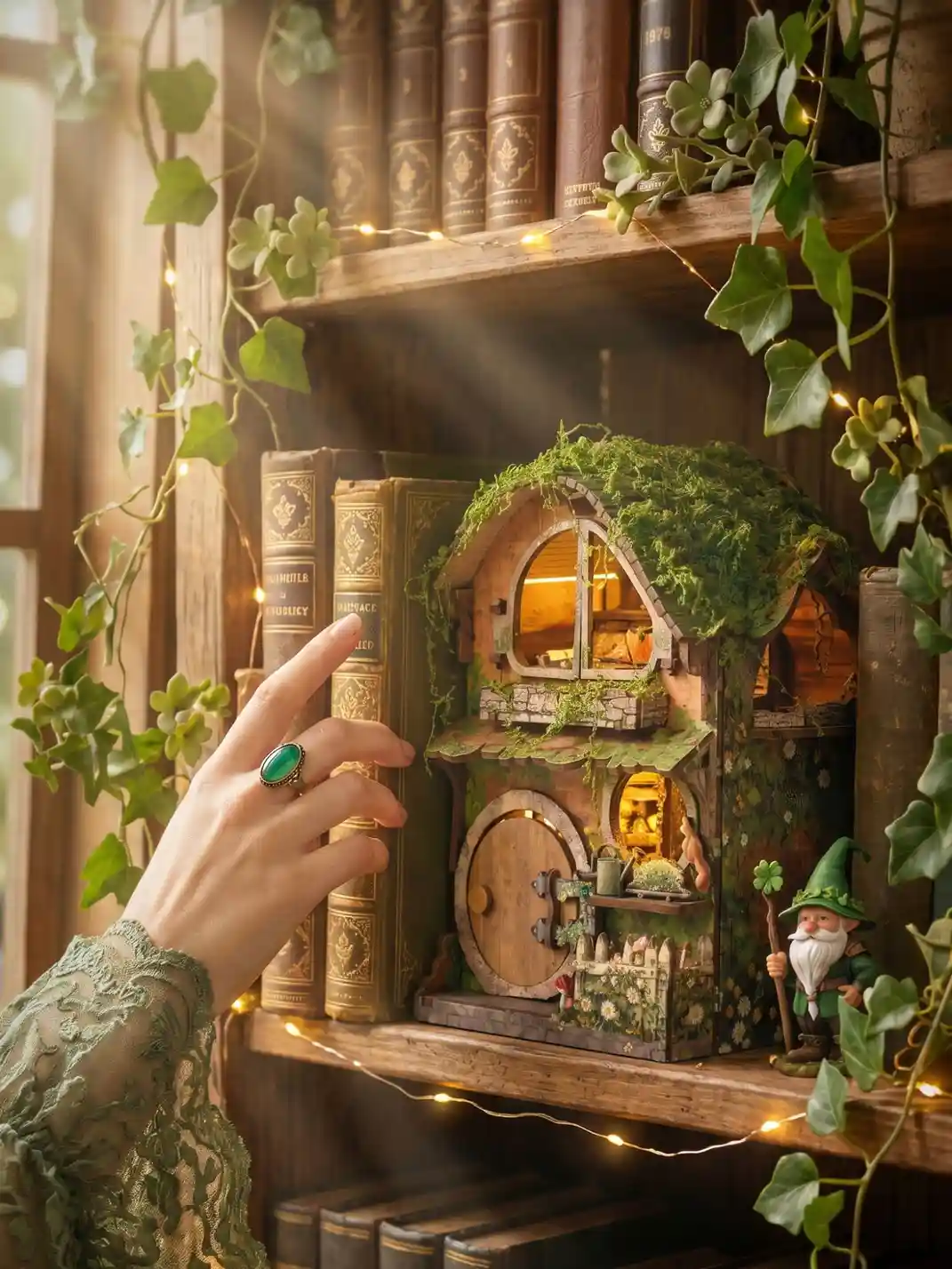 Fantasy bookshelf insert glowing between antique books cozy reading nook decor with ivy vines