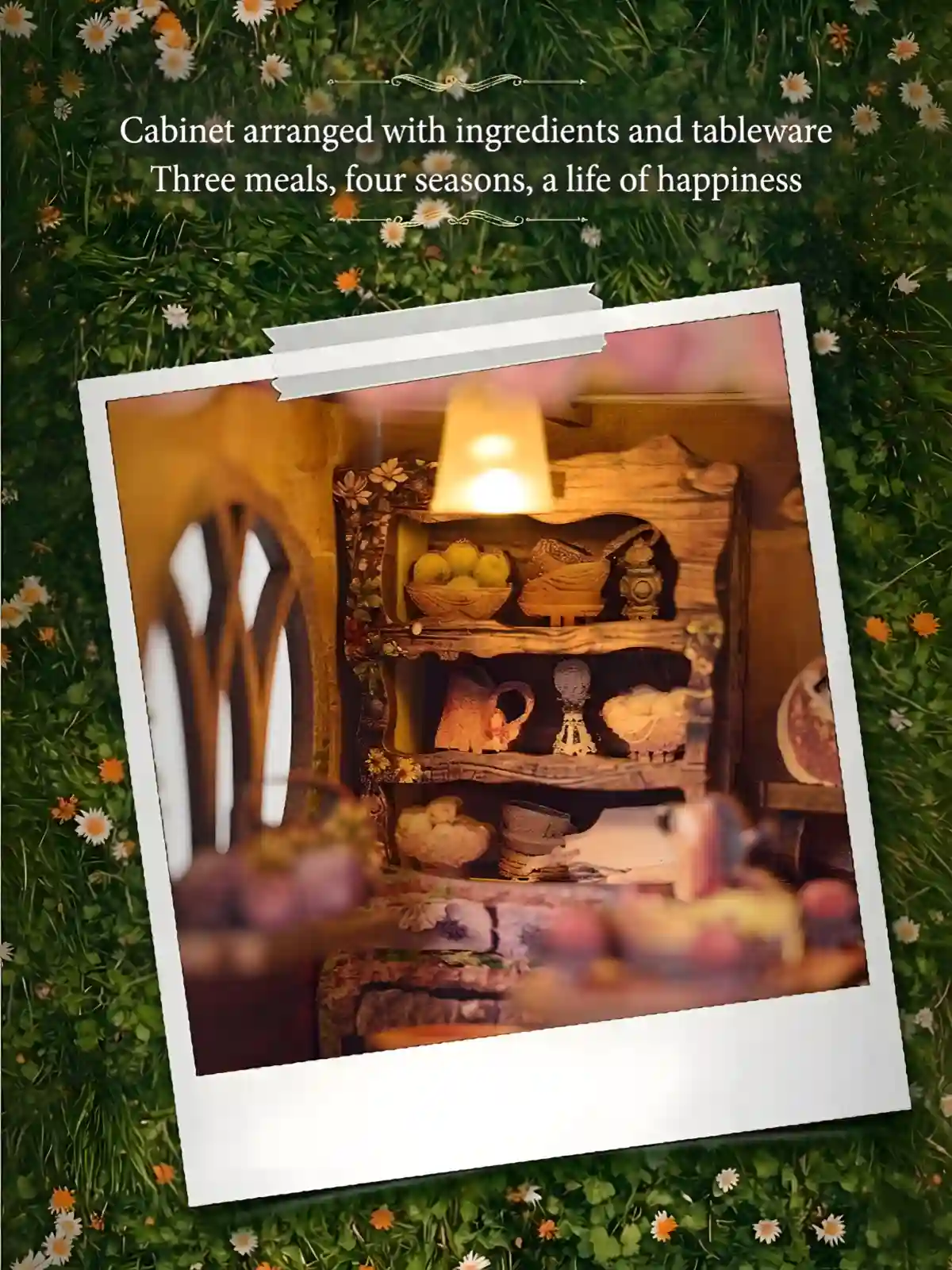 Cottagecore book nook interior showing a detailed wooden kitchen cabinet with miniature tableware