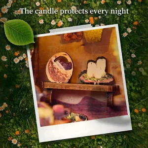 Woodland miniature house interior detail featuring a tiny wooden shelf with white candles