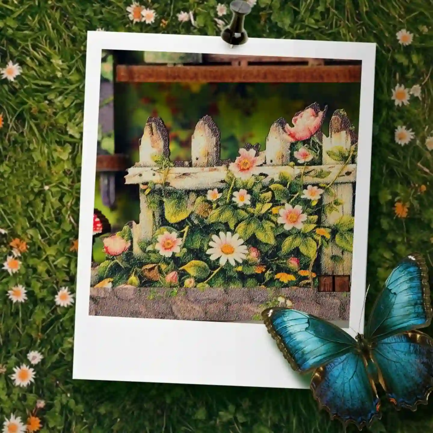 Cottagecore book nook closeup featuring a white picket fence with miniature blooming flowers