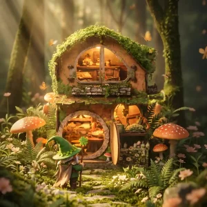 Hobbit style book nook cottage glowing in an enchanted forest with giant mushrooms