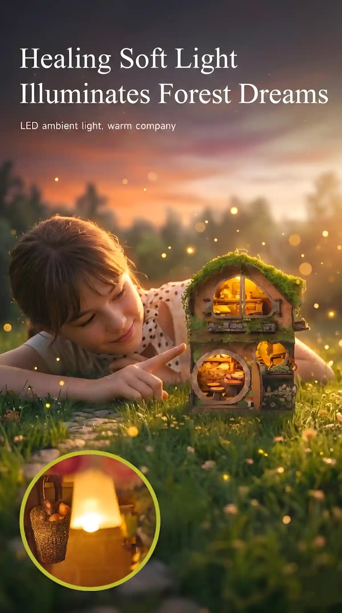 DIY book nook kit with LED lights glowing warmly on grass next to a child