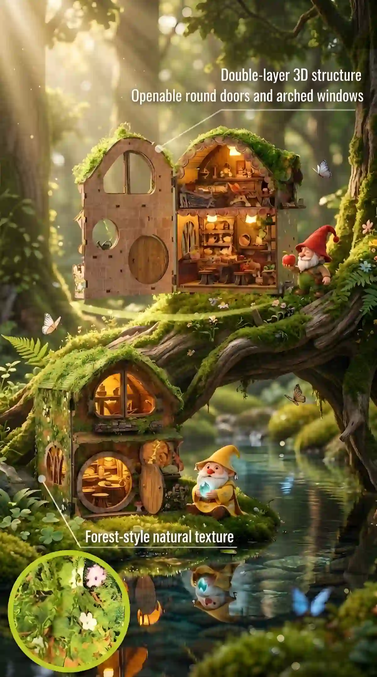 Forest Cottage miniature scene with double-layer 3D structure and openable doors