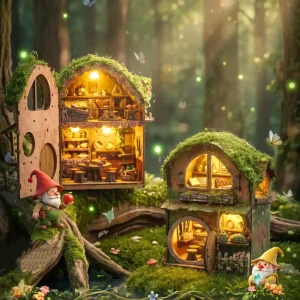 Fairytale book nook miniature cabin glowing warmly in a sunlit fantasy forest