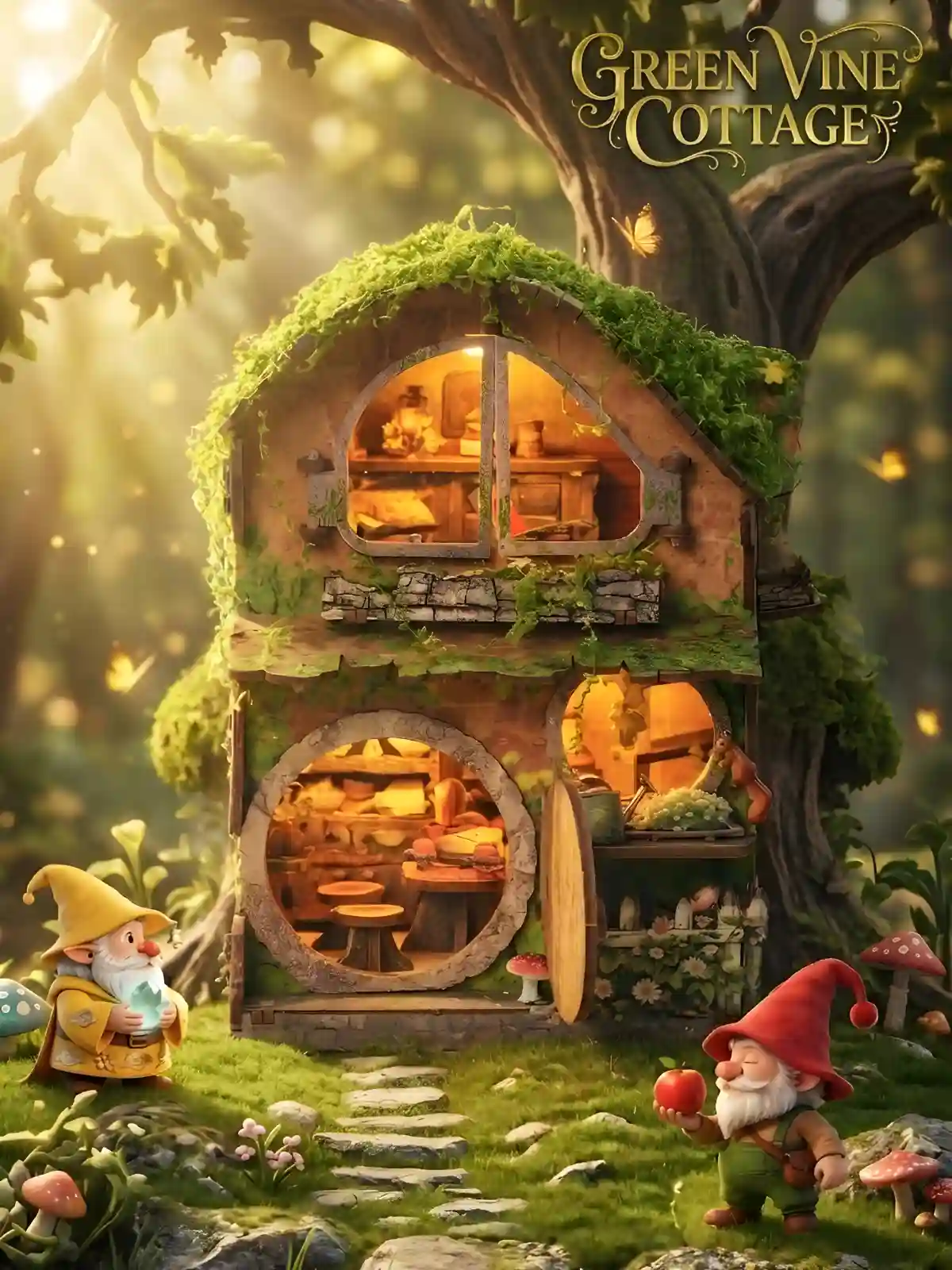 Woodland miniature house illuminated by soft sunlight in a cozy reading nook decor