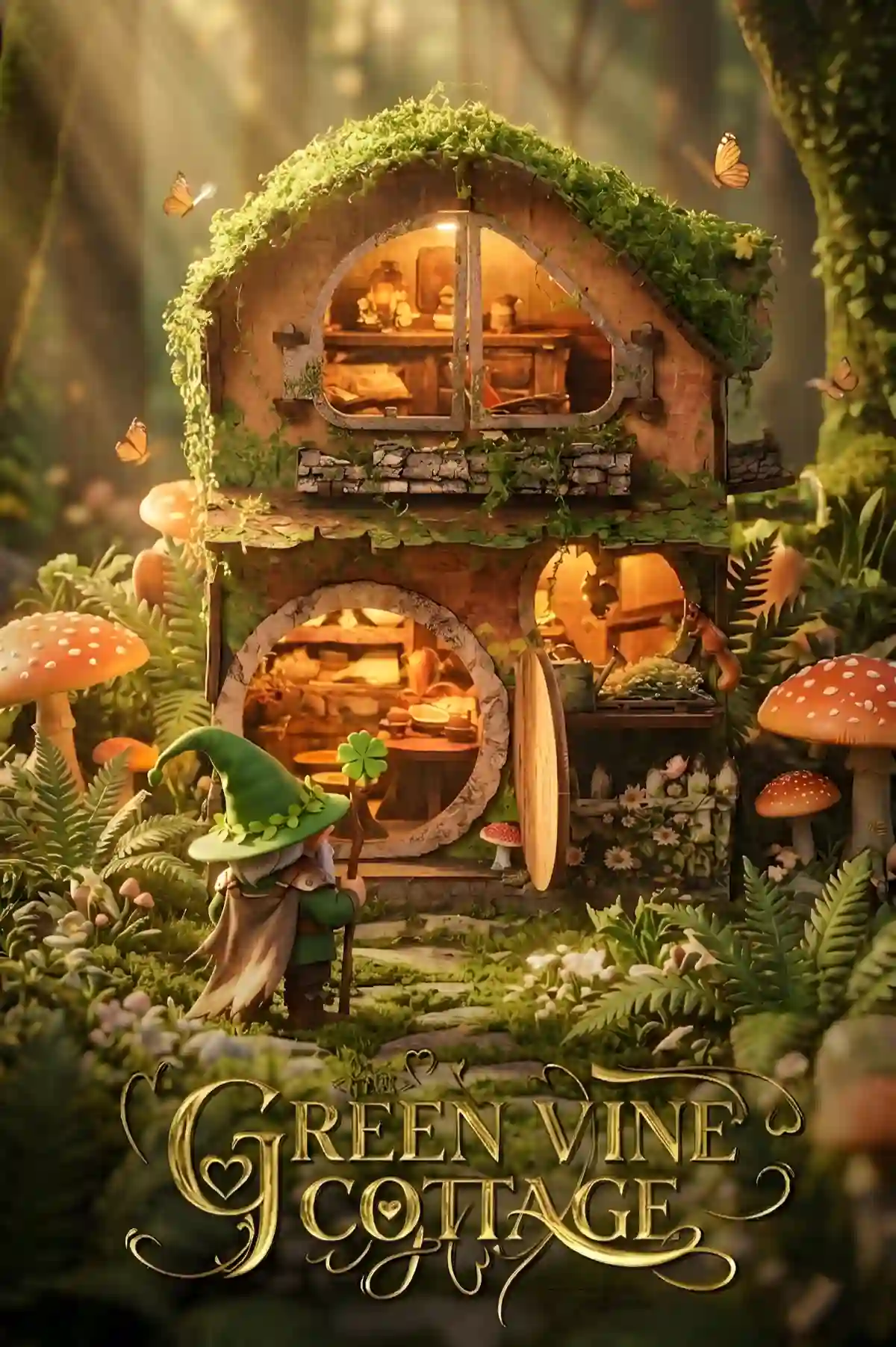 Hobbit style book nook with glowing round door hidden among forest mushrooms