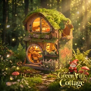 Fantasy bookshelf insert glowing warmly amidst fireflies in an enchanted evening woods