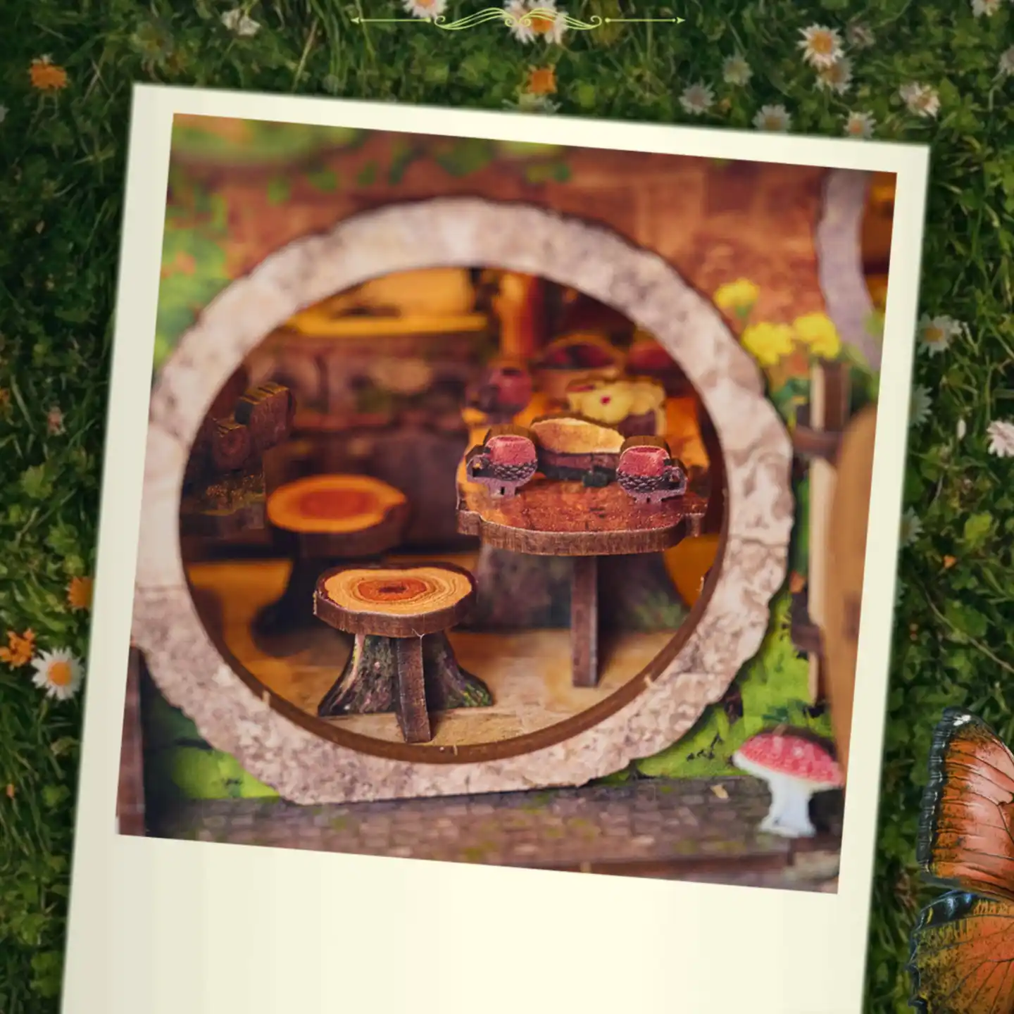 Forest Cottage miniature scene interior dining area viewed through a round window