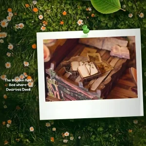 Hobbit style book nook interior bedroom featuring a miniature wooden rustic bed