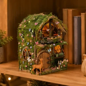 Forest Book Nook Decor displayed as cozy tabletop miniature scene accessories next to real books.