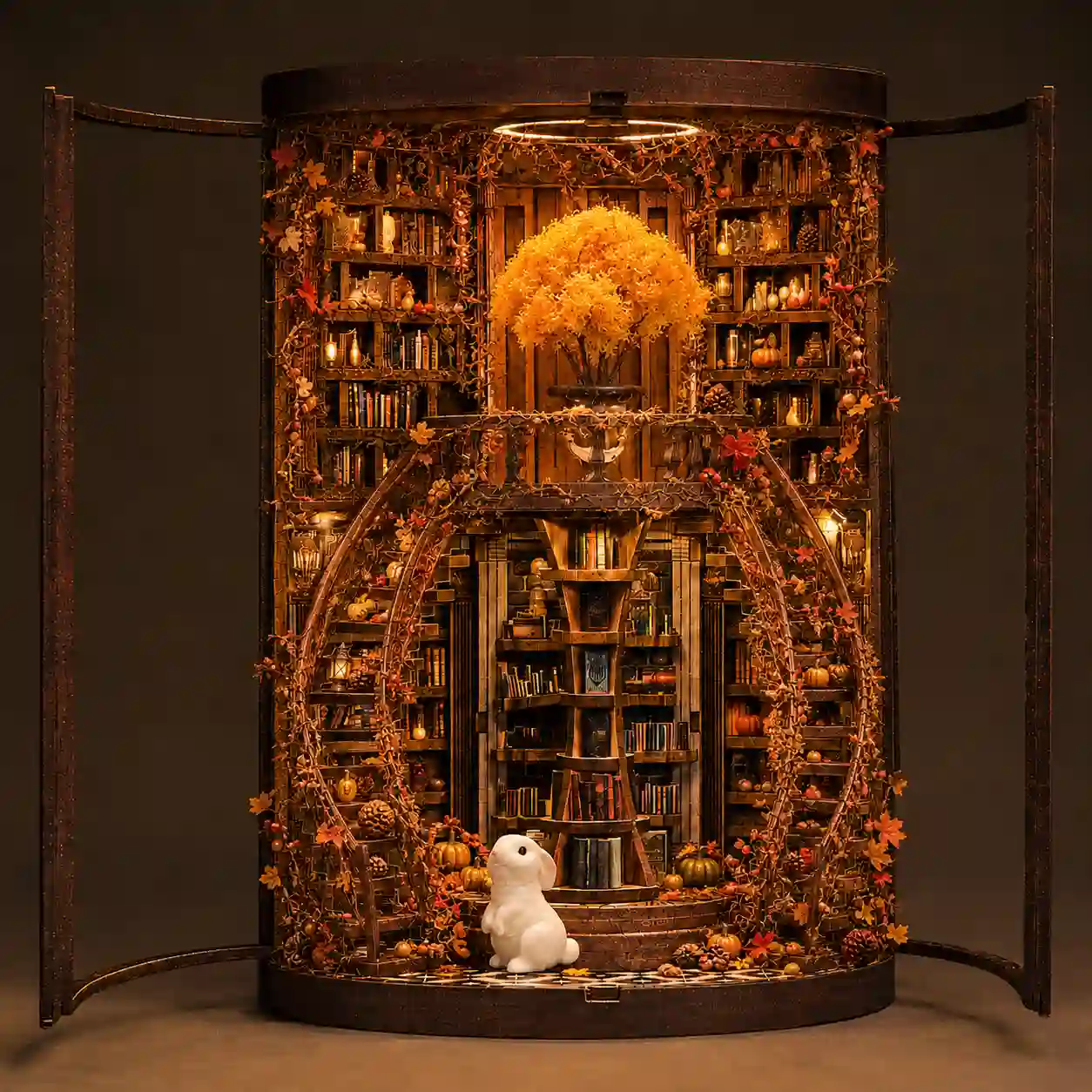 DIY book nook transformation featuring golden autumn miniature trees, seasonal landscaping, and tiny pumpkins.