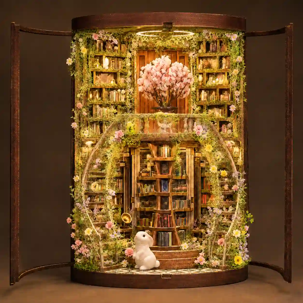 Personalized book nook featuring pink miniature trees, colorful flowers, and elegant winding vines.