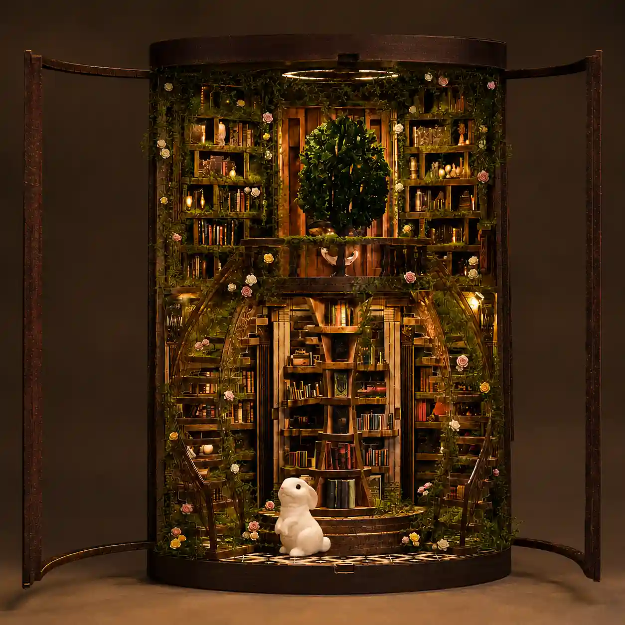 DIY book nook transformation with cascading miniature vines and a small cat figurine.