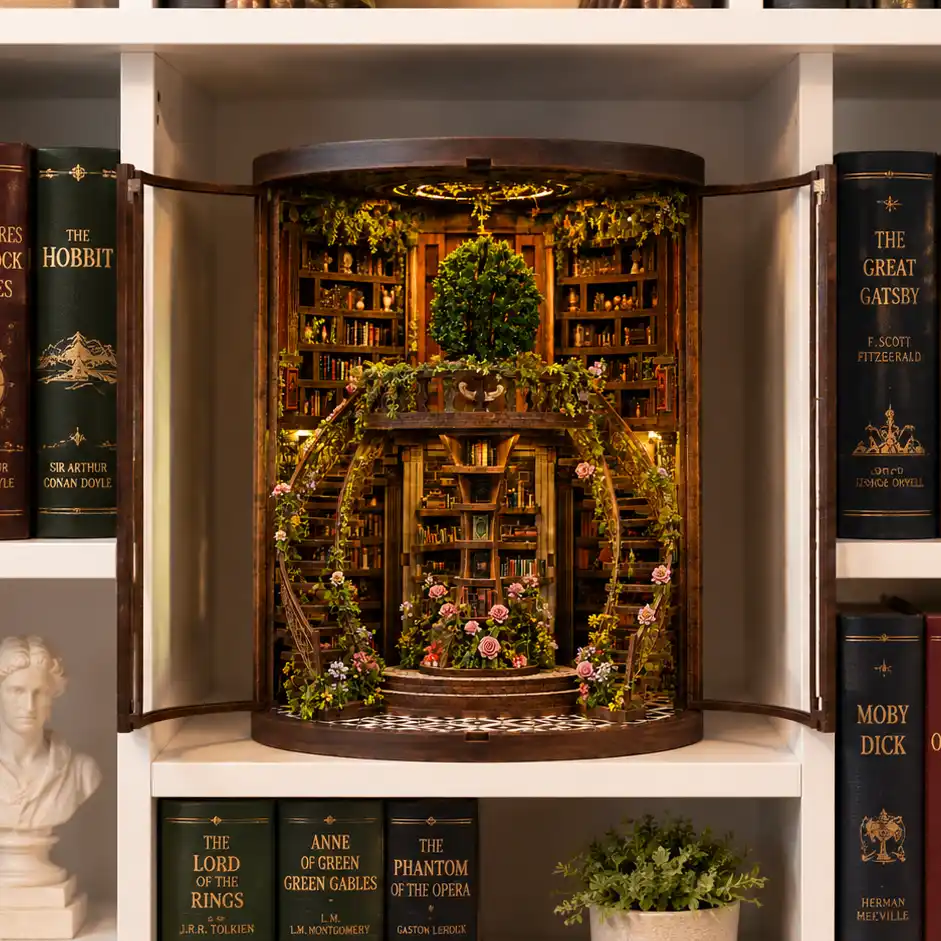 Book Nook Customization Ideas using dense green miniature landscaping and tiny rose accents.