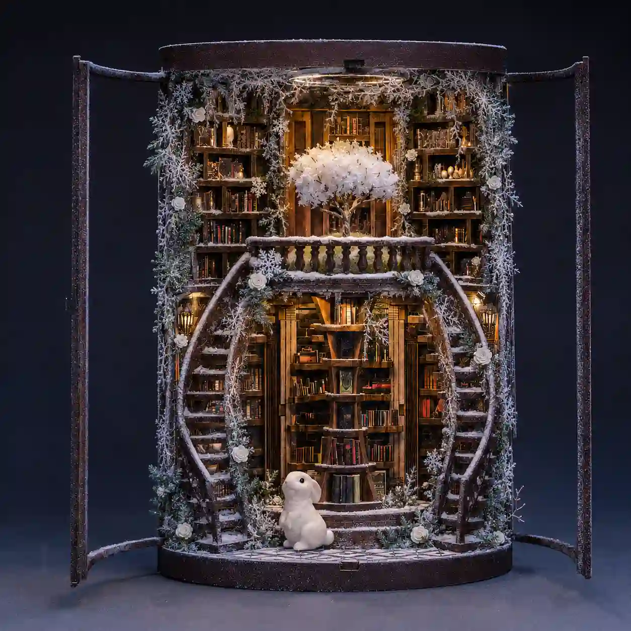 Winter themed book nook decorating ideas using white frosted miniature landscaping and snow.