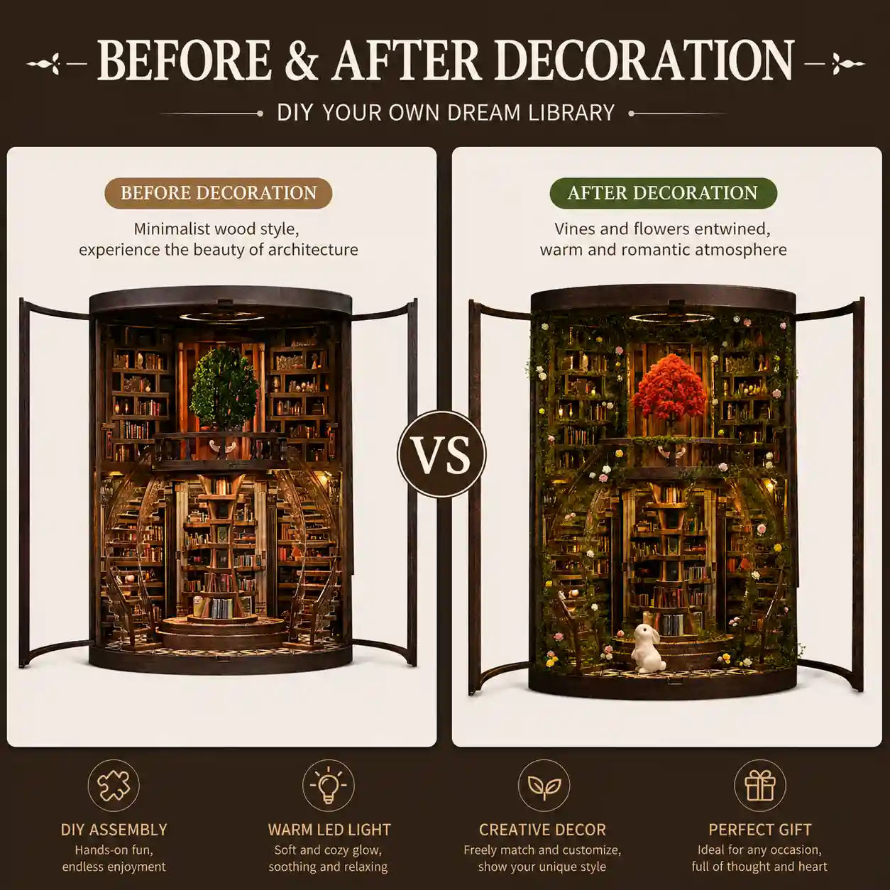 Book nook decorating ideas comparing minimalist wood style against a romantic flower-vines library design.