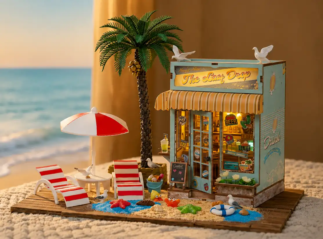 Completed coastal book nook customization featuring a beach-themed miniature house bar with warm lighting.
