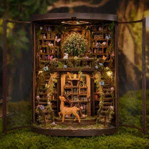 Forest Miniature Kit transforming a grand circular wooden bookstore into a magical secret forest scene.