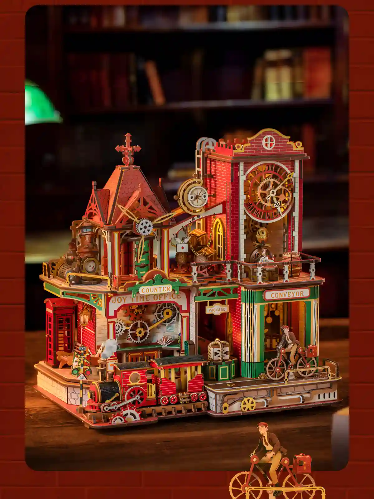 Steampunk wooden puzzle featuring Victorian clock tower model with warm ambient built-in lighting.