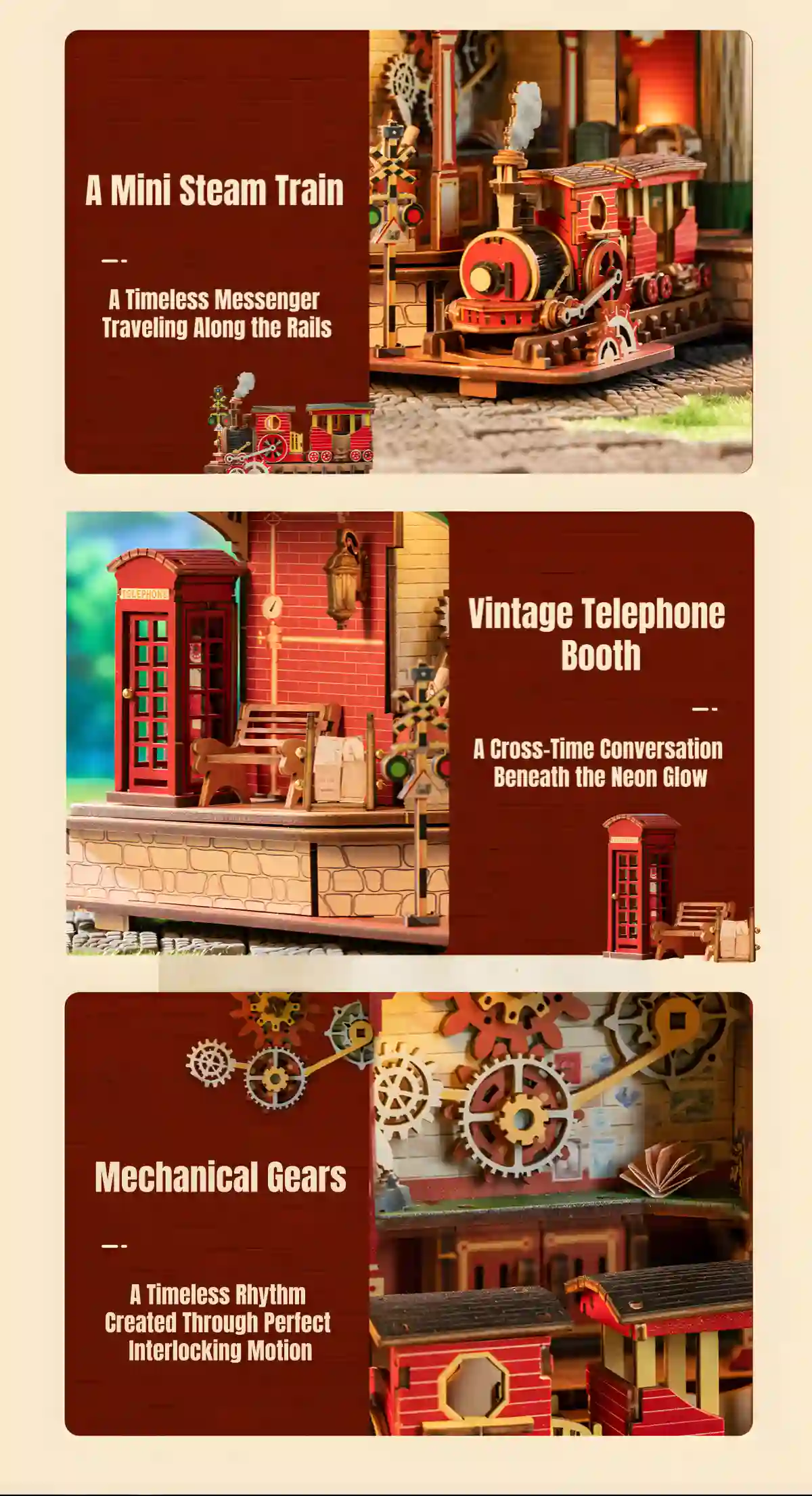 Steam train wooden model and vintage telephone booth features of interactive music puzzle.