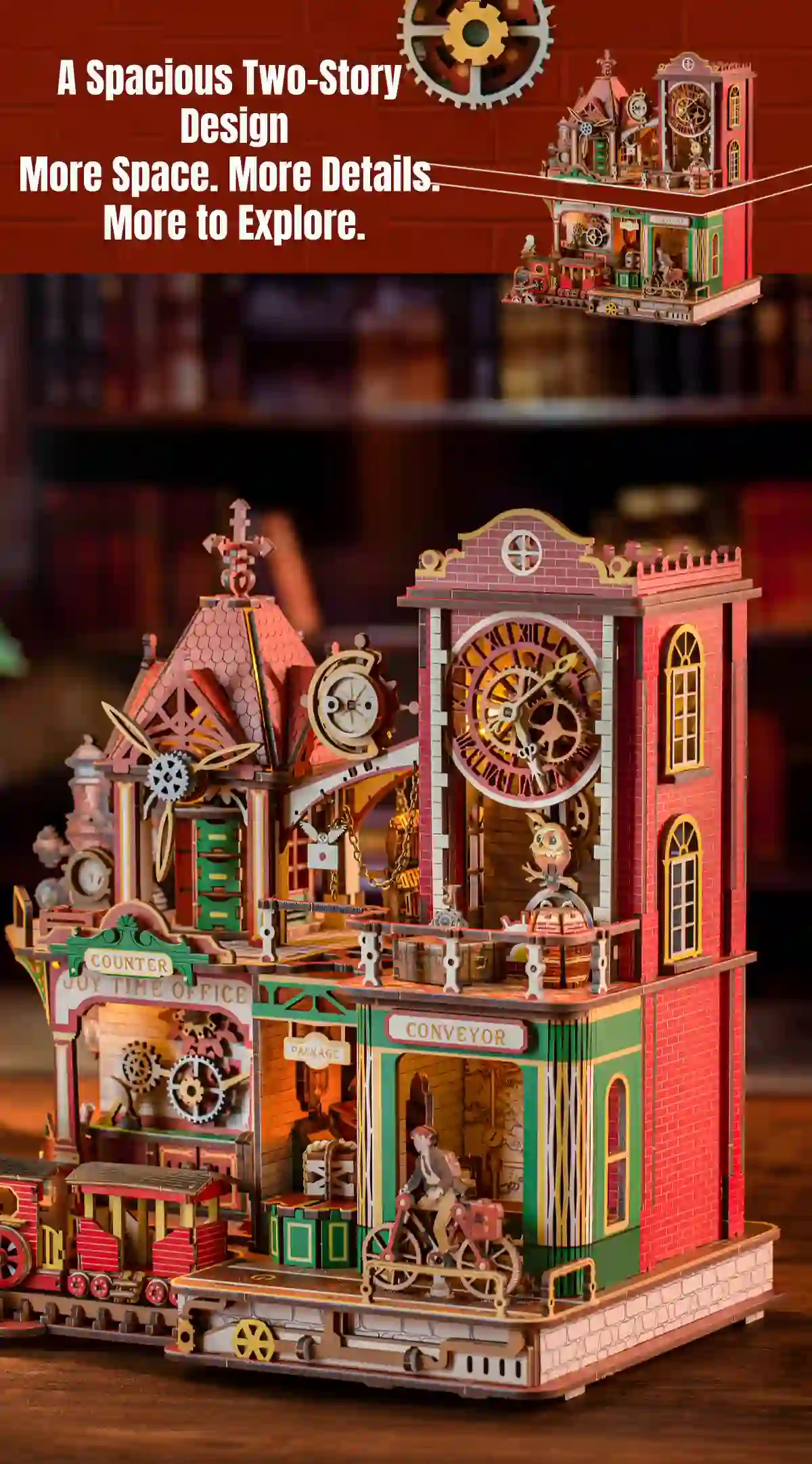 Two-story architectural wooden model with an intricate double-layer miniature post office model design.