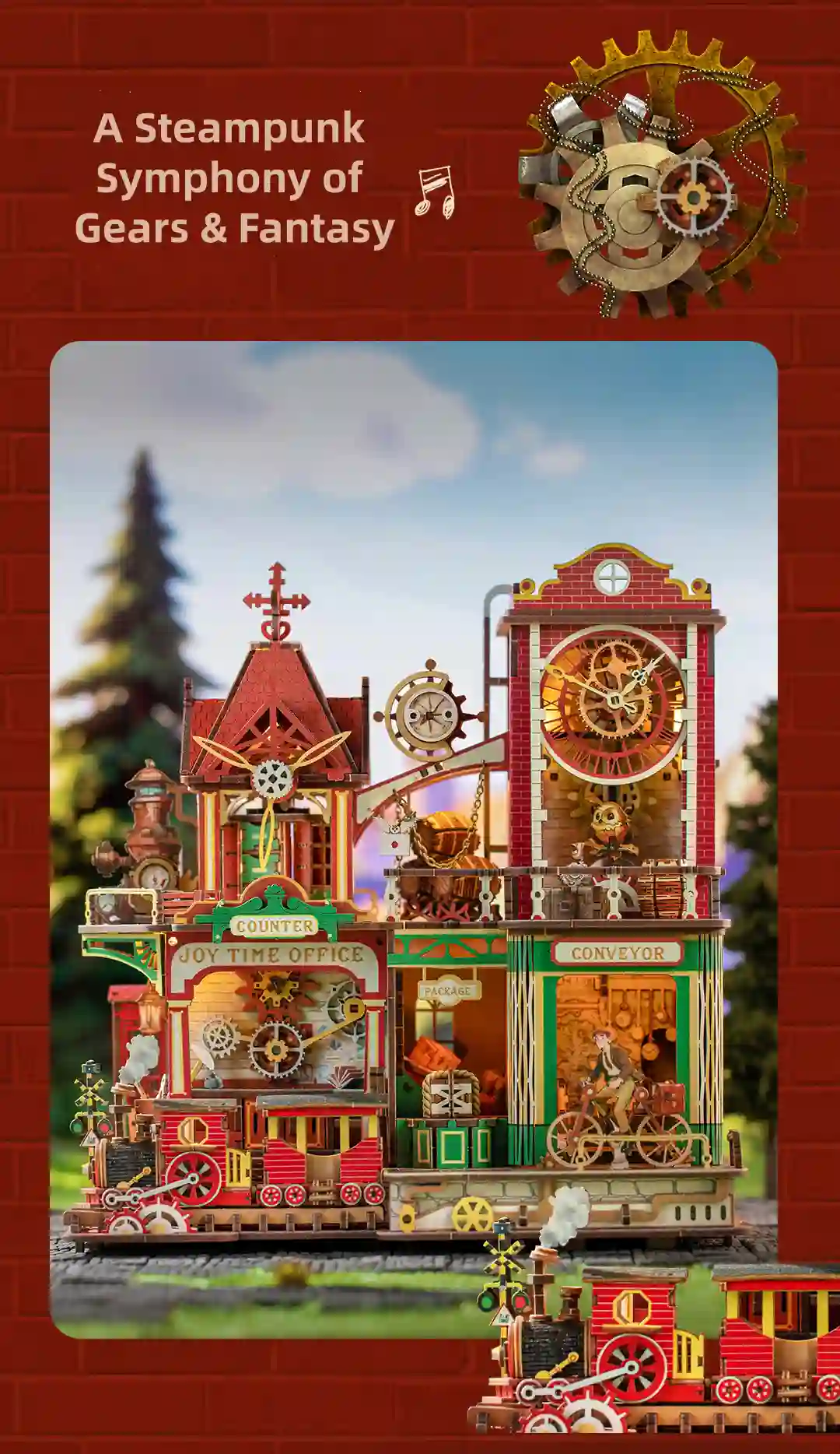 Steampunk wooden puzzle featuring a vintage mail office and steam train wooden model.