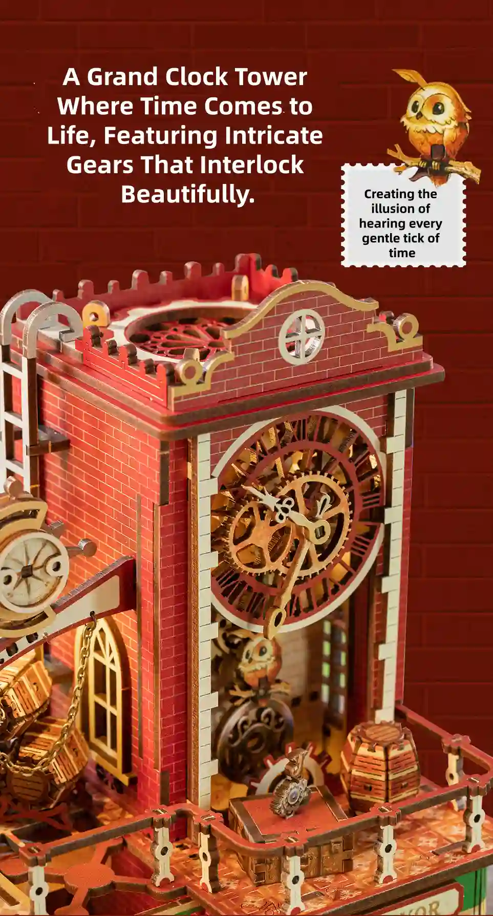 Victorian clock tower model detailing complex interlocking cogs from a moving gear wooden puzzle.