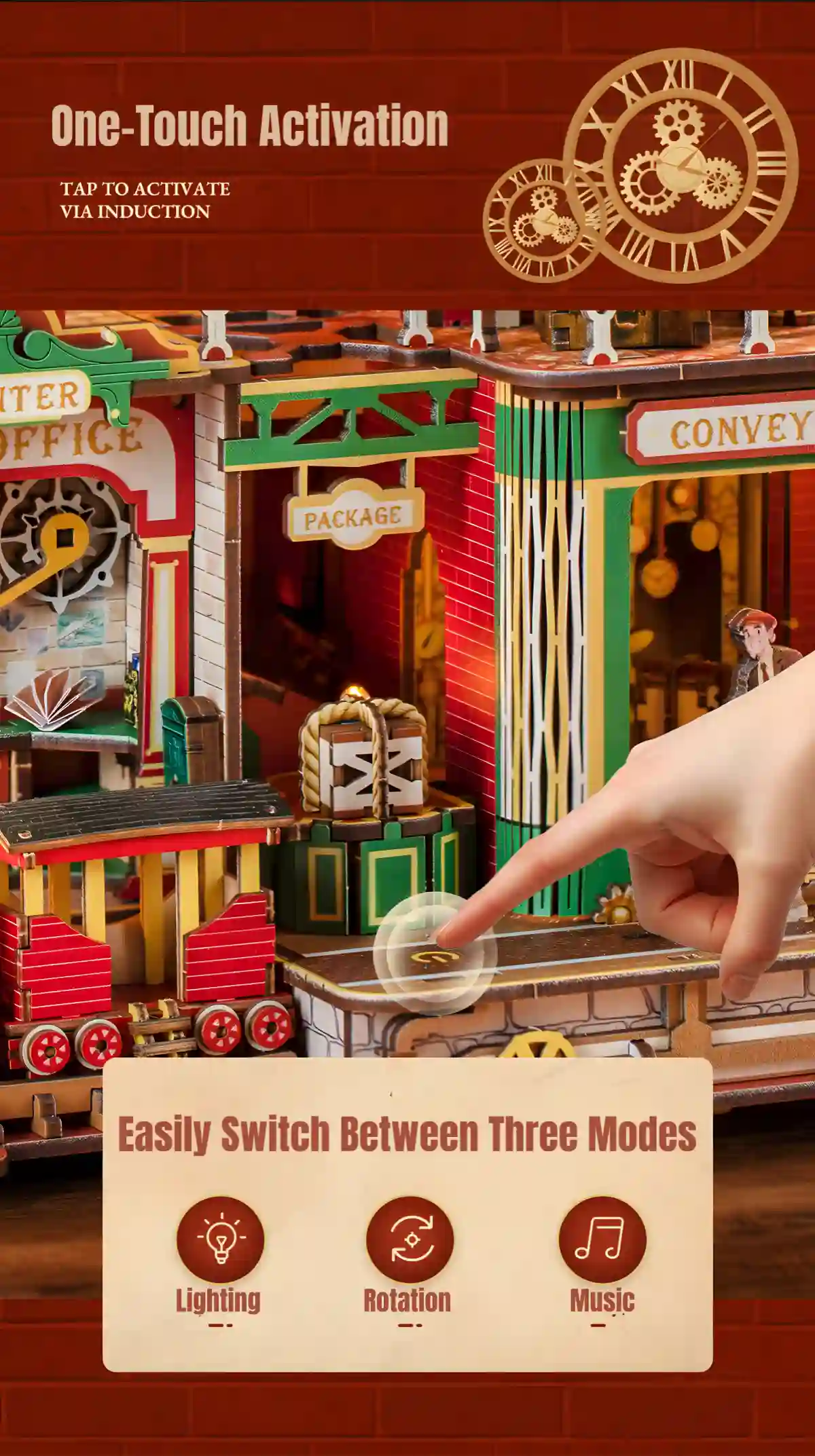 Touch-activated wooden puzzle featuring sensor-controlled ambient lighting, rotation, and music modes.