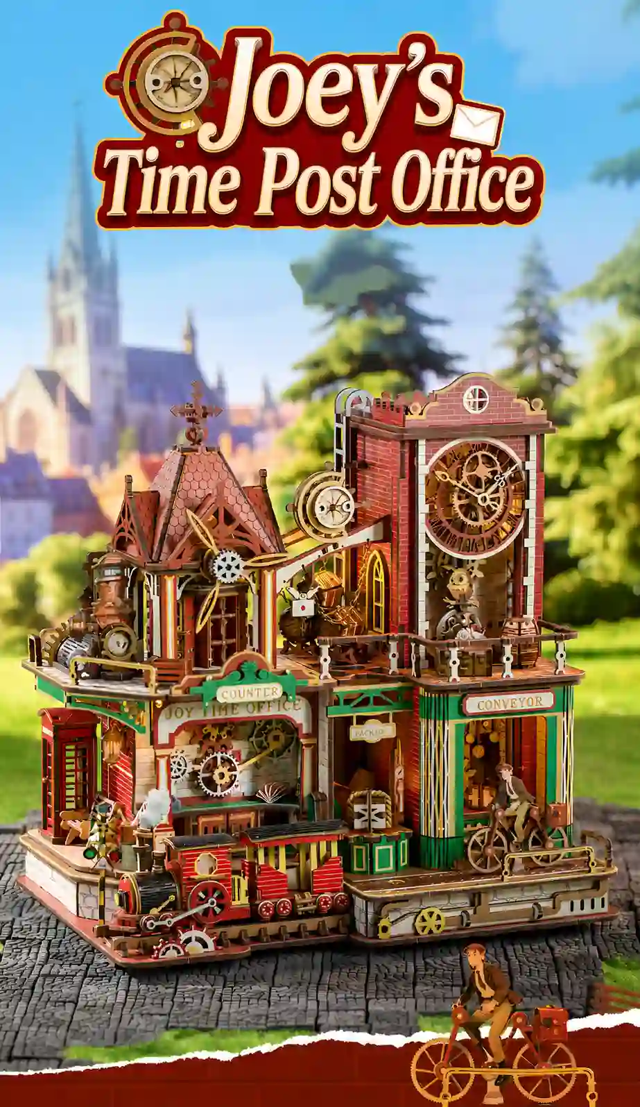 Joey's Time Post Office 3D Wooden Puzzle poster with Rofuntime wooden building kit branding.