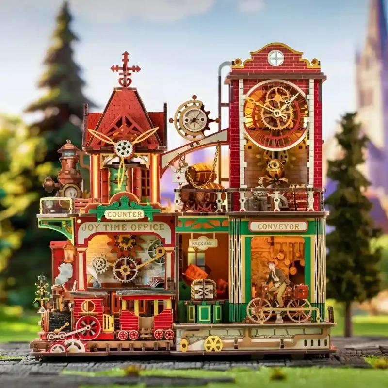 Joey's Time Post Office 3D Wooden Puzzle with a miniature post office model and train.
