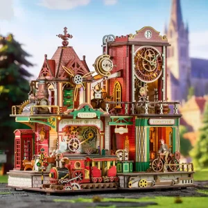 Steampunk wooden puzzle featuring an intricate Victorian clock tower model and steam train.
