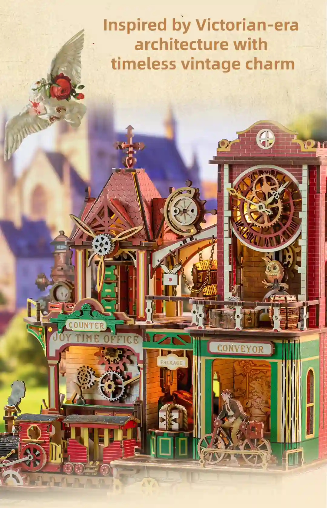 Victorian clock tower model miniature inspired by classic old-world industrial townscapes.
