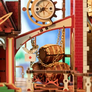 Moving gear wooden puzzle showcasing stacked cargo barrels and a flying mail owl.